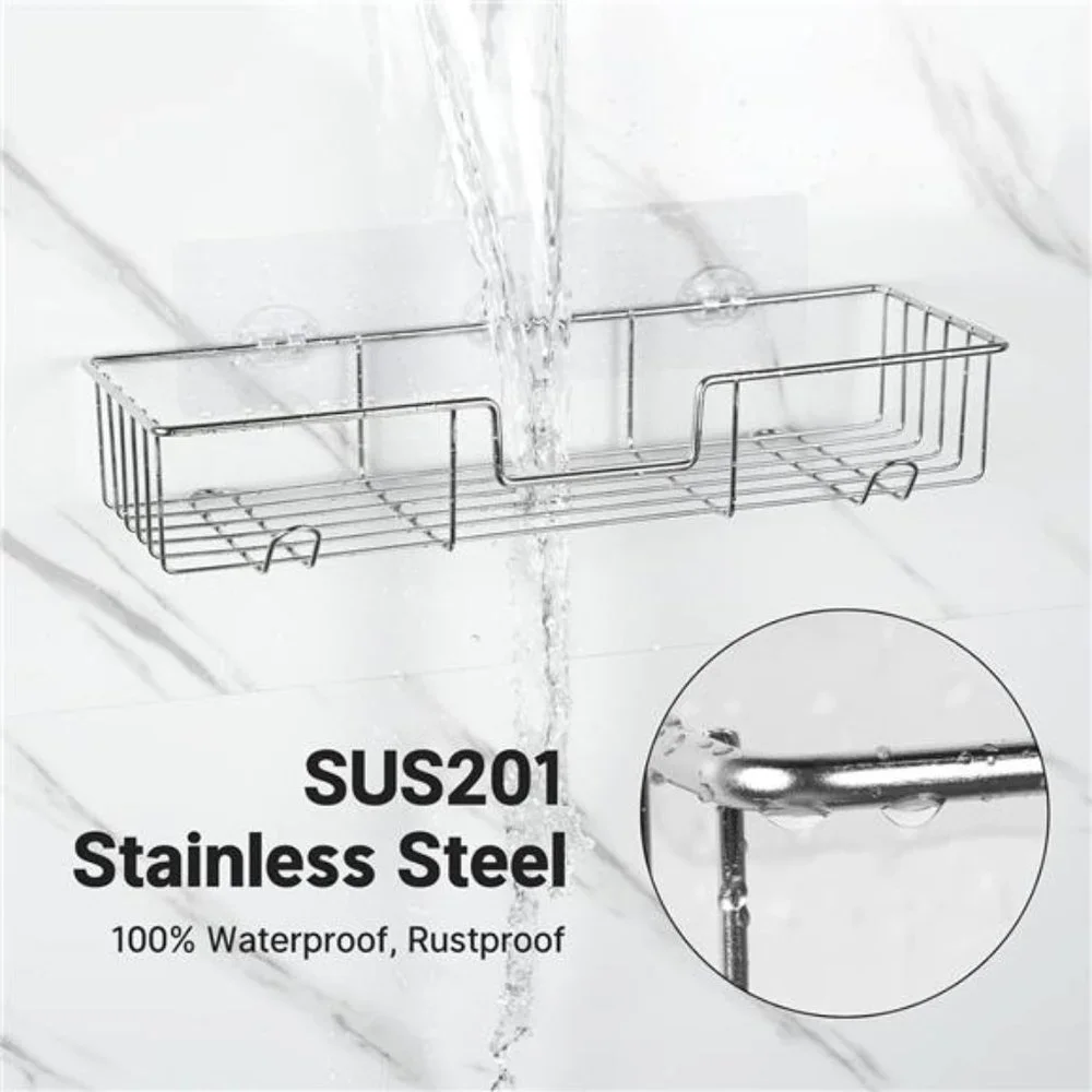 Adhesive Shower Caddy Basket Rack with Hooks, Shower Shelf Wall Mounted
